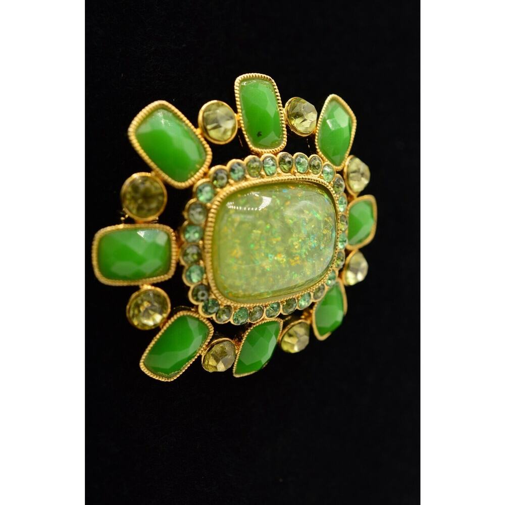 Statement Pin Brooch Multi-Tone Green Rhinestone Jeweled Opaline Gold Tone BinF - Picture 3 of 9